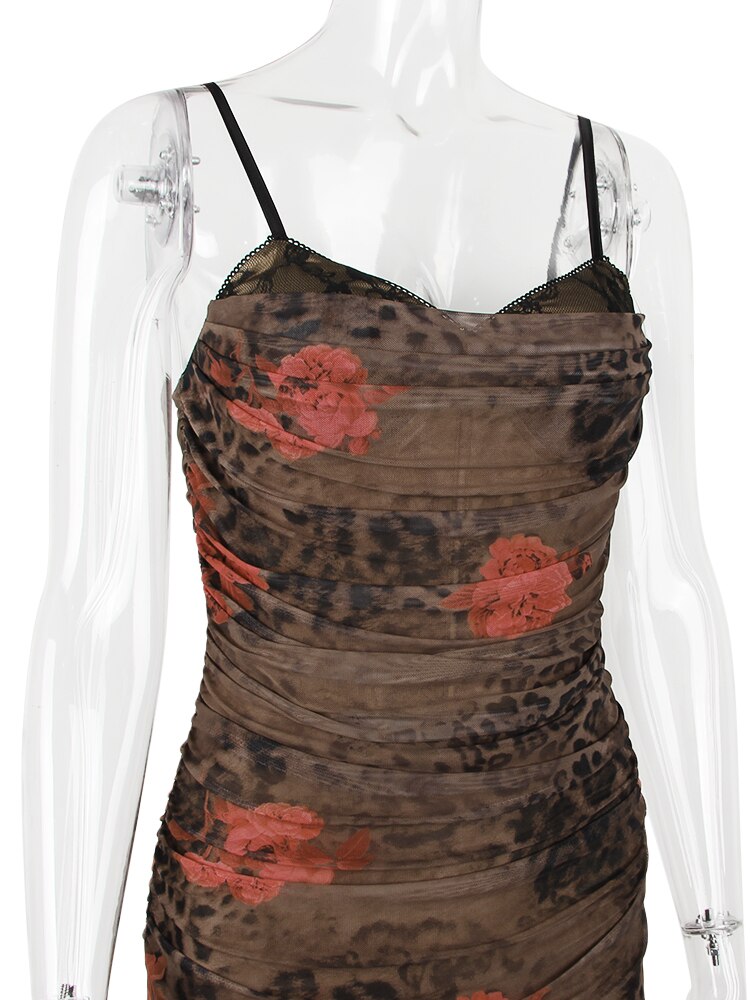 Brown Mesh Printed Corset Midi Dress