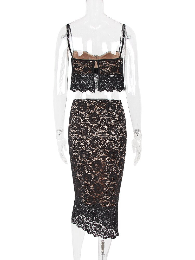 Black Lace Cami Top And Midi Skirt Set