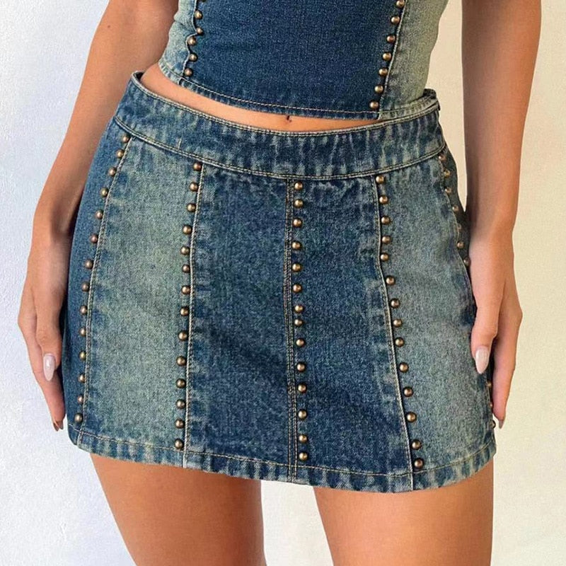 Denim Beaded Tube Top And Mini Skirt Set