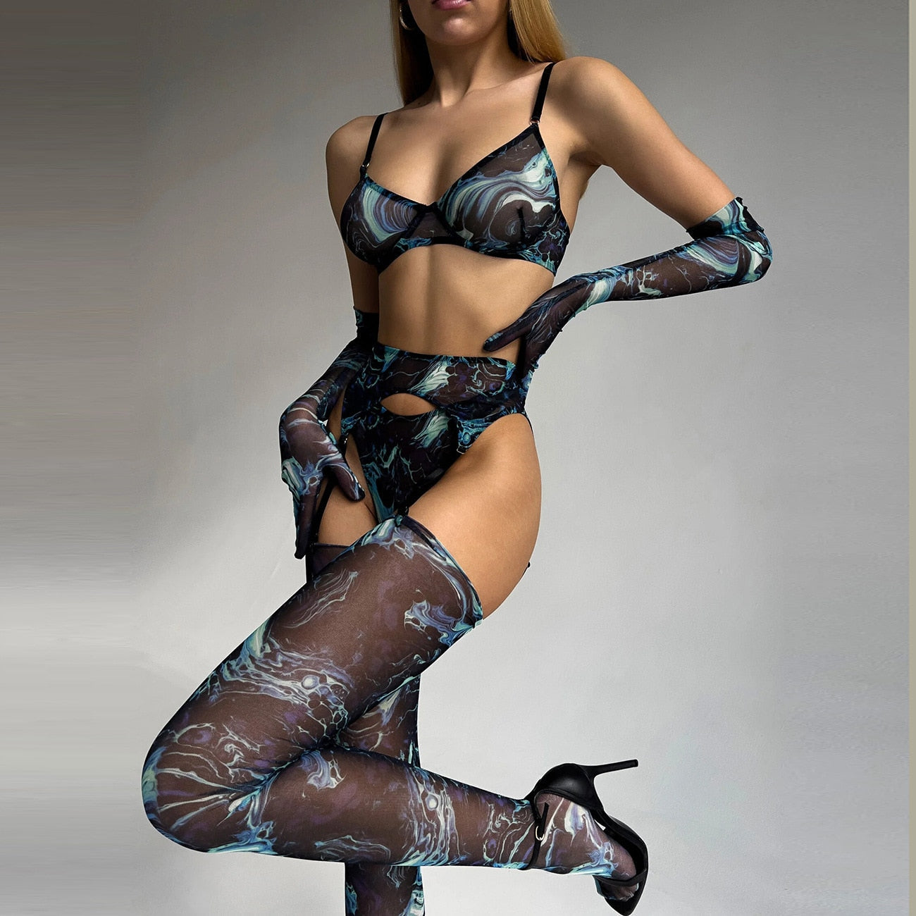 Mesh Printed Tie Dye Lingerie Set With Stocking Sleeve