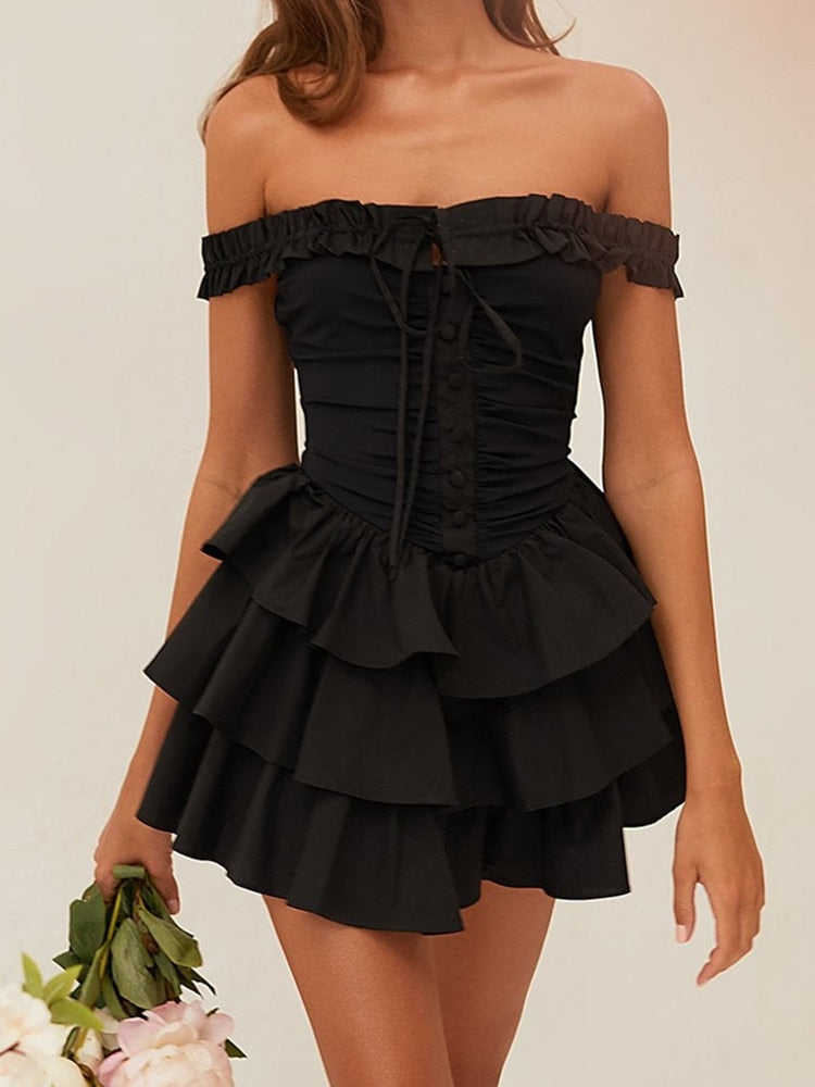 Black Frill Off-shoulder Mini Dress