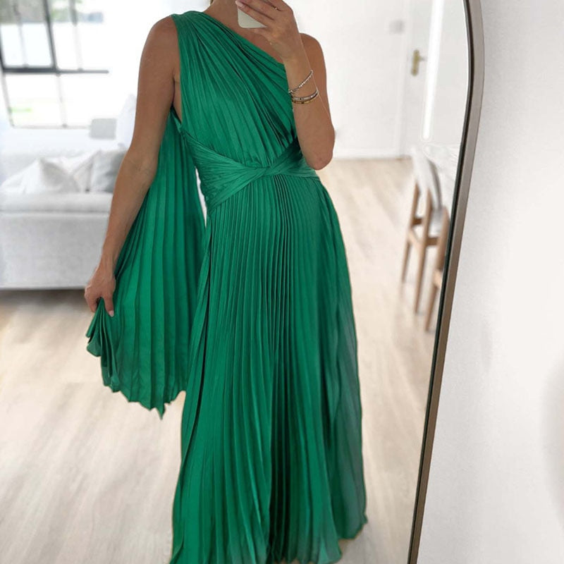 Satin Pleated Drape Sleeve Floor-Length Dresses