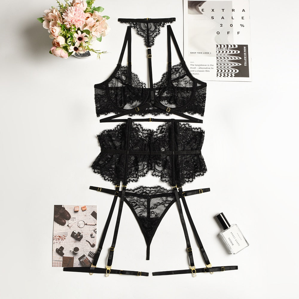 Lace Embroidery Lingerie Set With Choker, Bra, Thong & Garter Belt