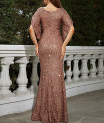 Sequin Short Sleeve Drape Floor Length Dresses