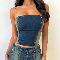 Denim Beaded Tube Top And Mini Skirt Set