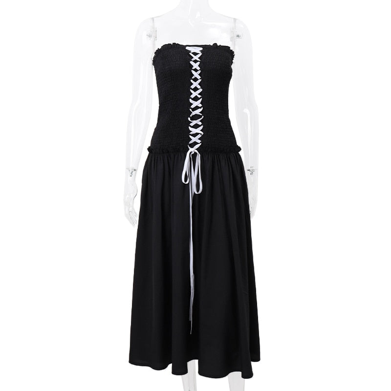 Black Tube Ruched Lace Up Maxi Dress