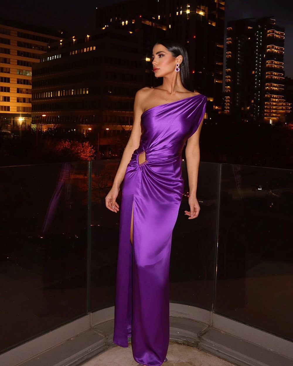 Purple One Shoulder Satin Hollow Cut Maxi Dress