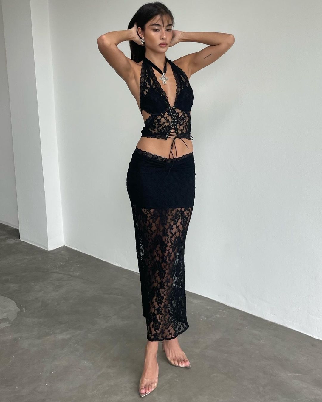 Black Lace Mesh Halter And Maxi Skirt Set