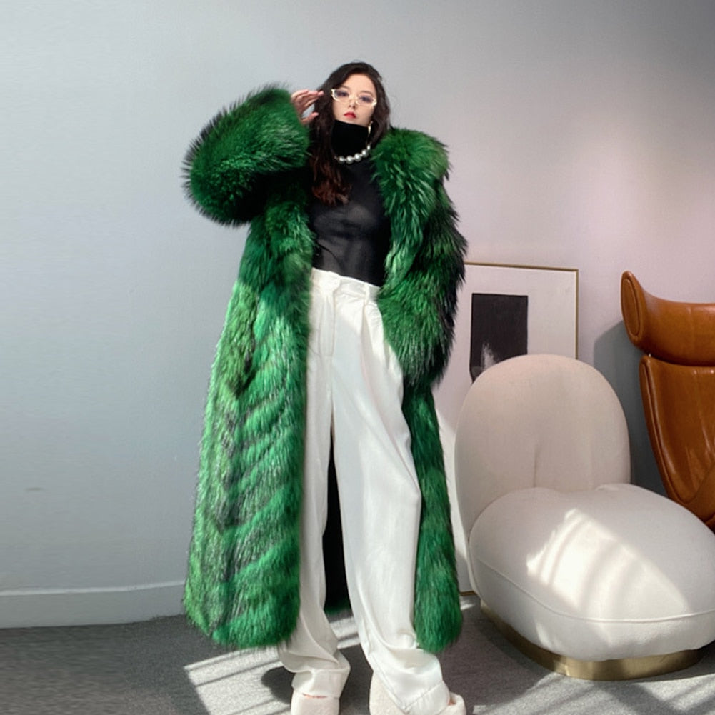 Big Green Real Fur Collar Hood Long Coat