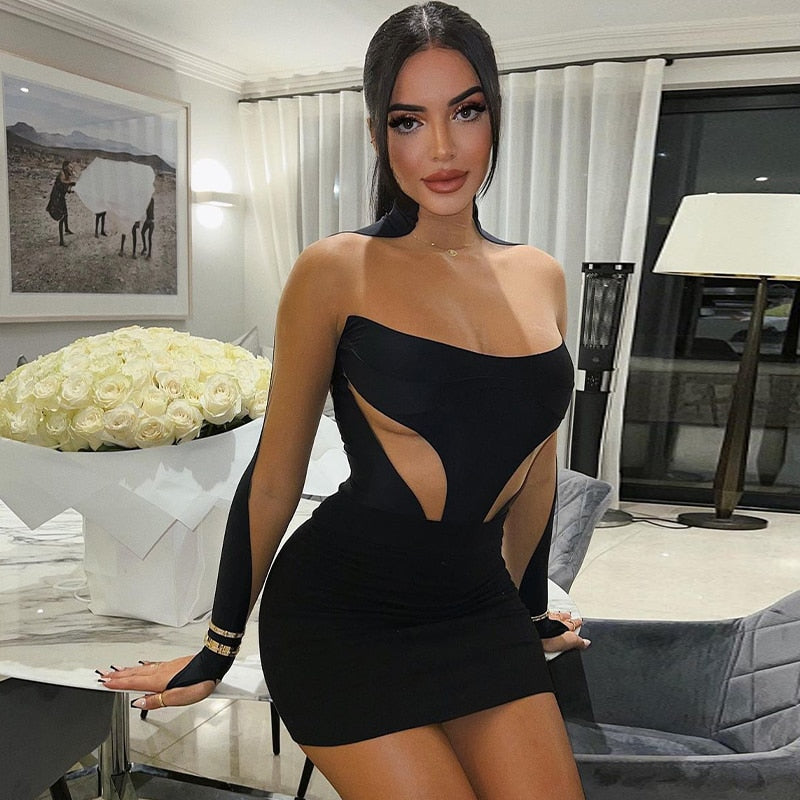 Black Patchwork Mesh Long Sleeve Bodycon Mini Dress