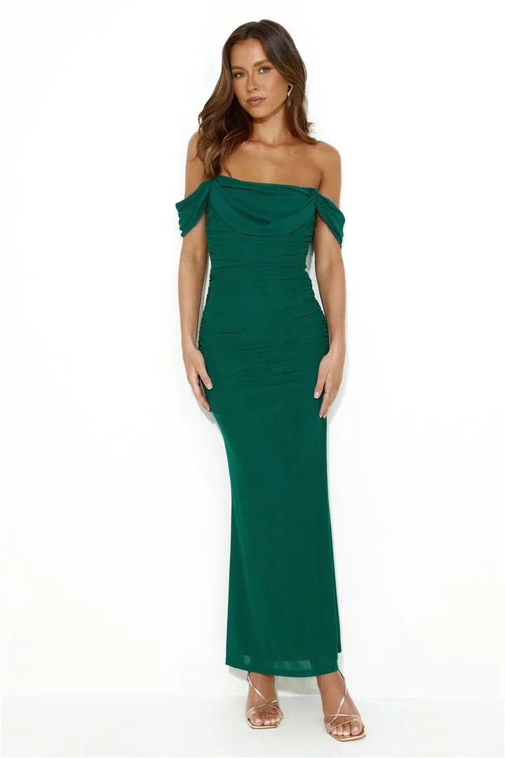 Mesh Ruched Off-Shoulder Bodycon Maxi Dress