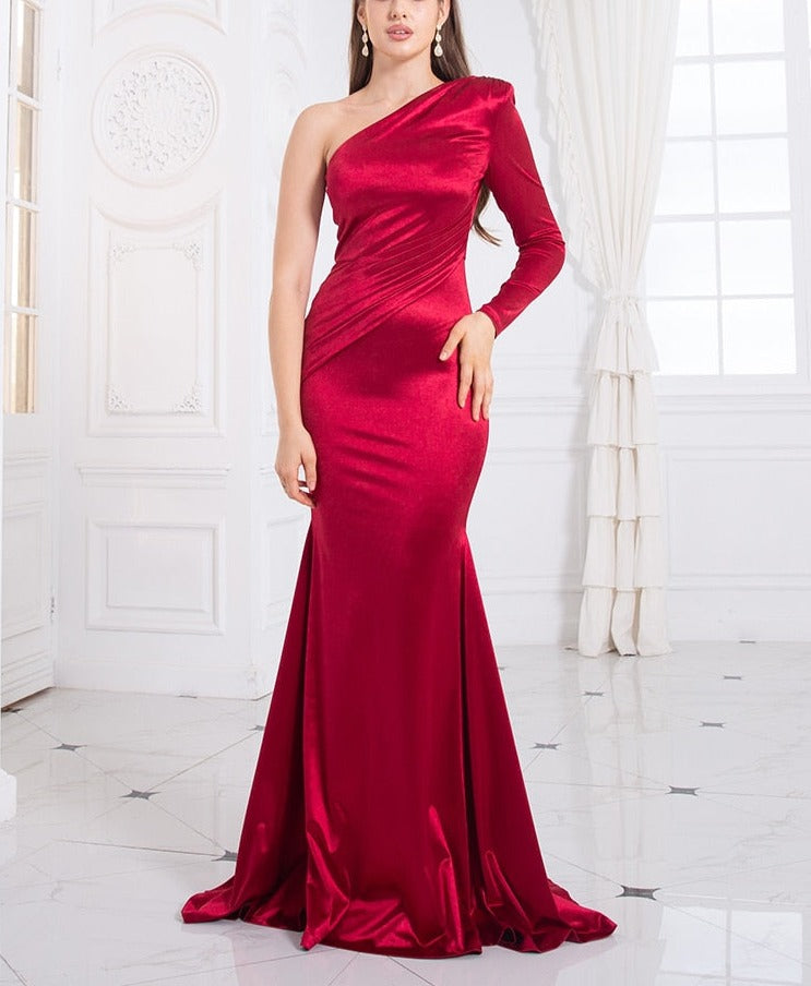 Satin One Shoulder Full Sleeve Mermaid Gown