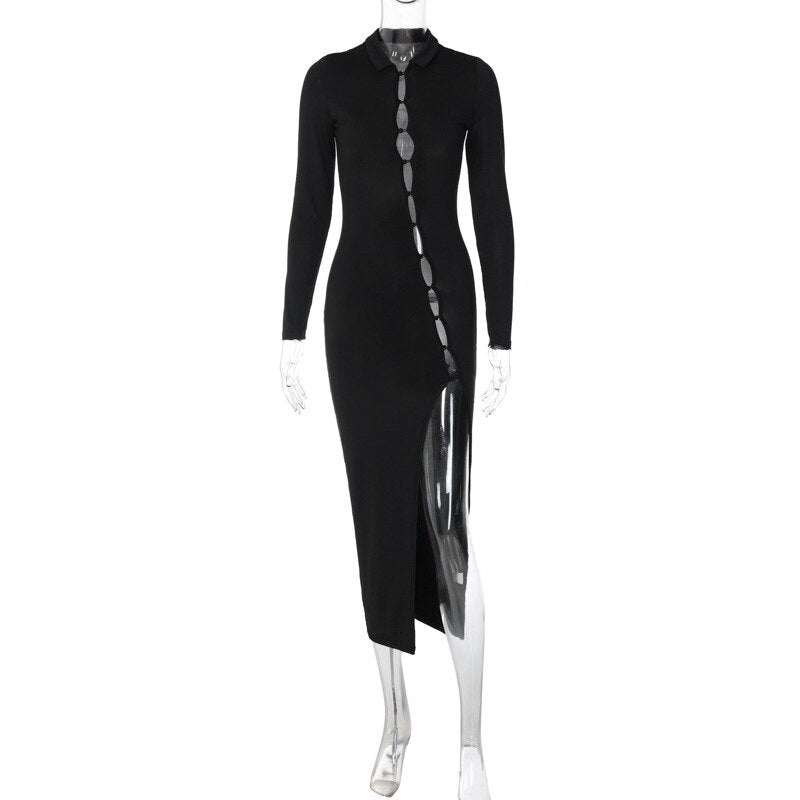 Black Long Sleeve Slit Front Cut Out Midi Dress