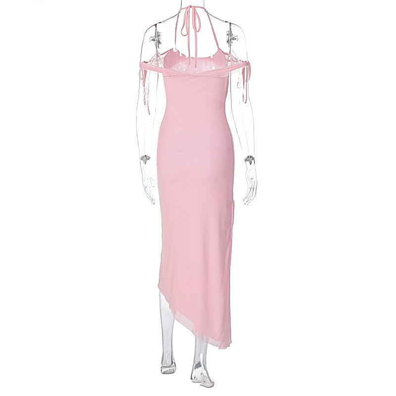 Pink Off-shoulder Tie-Up Maxi Dress