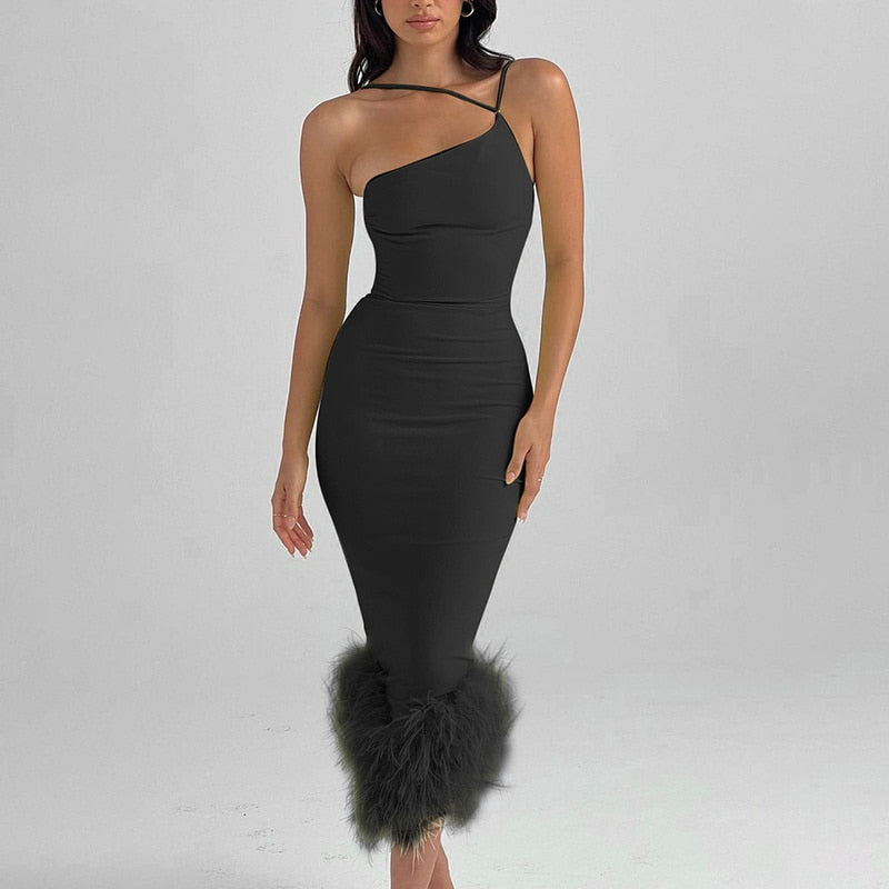 One Shoulder Sleeveless Feather Bottom Dresses