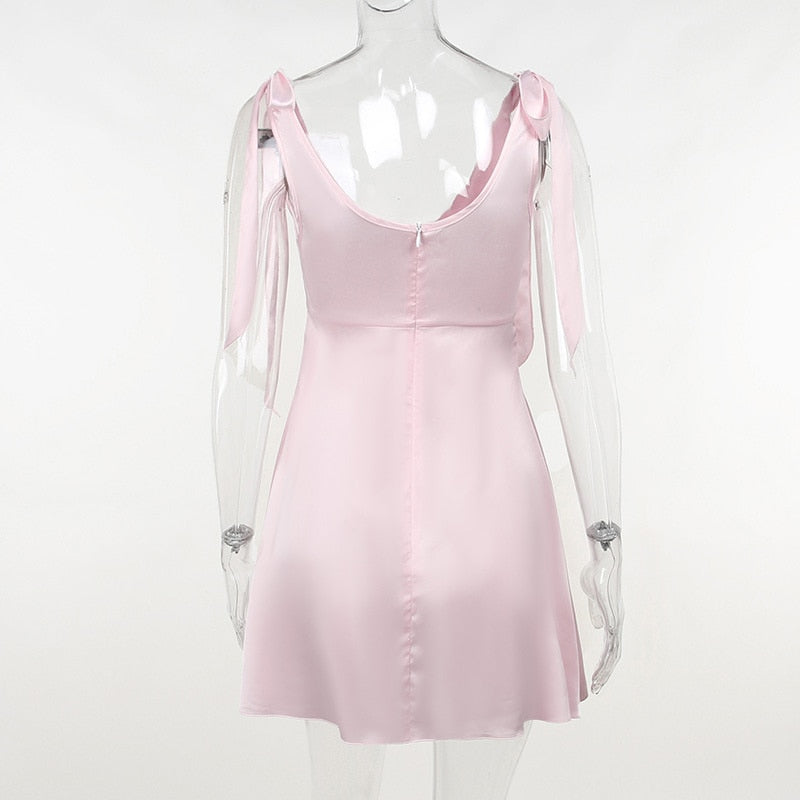 Satin Butterfly Charm Tie-Up Mini Dress