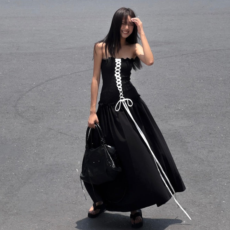 Black Tube Ruched Lace Up Maxi Dress