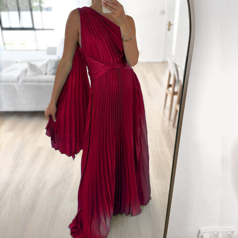 Satin Pleated Drape Sleeve Floor-Length Dresses