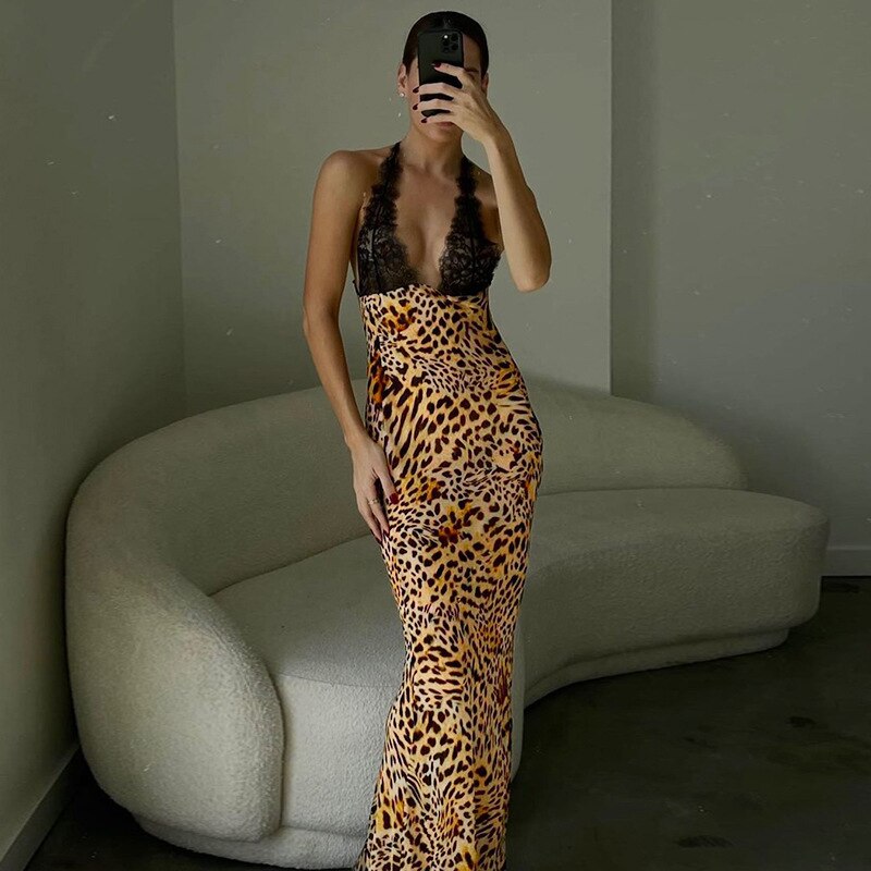 Animal Print Lace Halter Maxi Dress