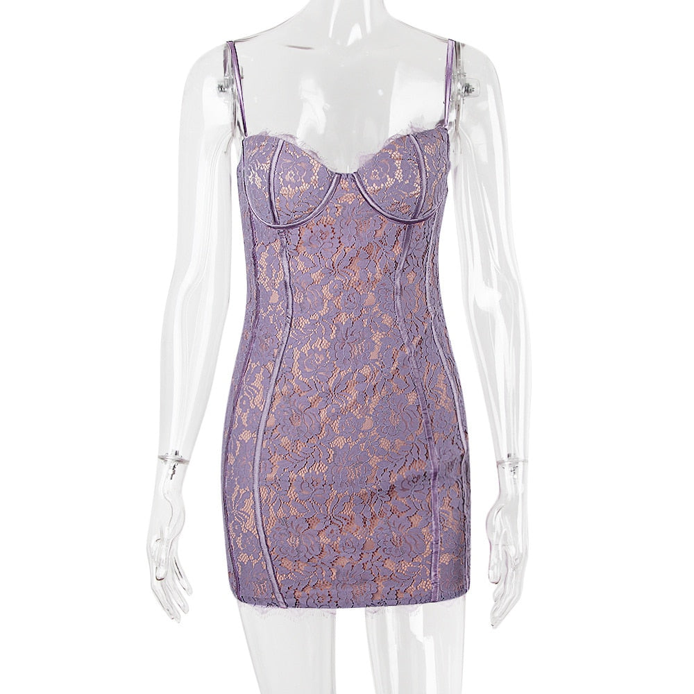 Purple Lace Sleeveless Backless Mini Dress