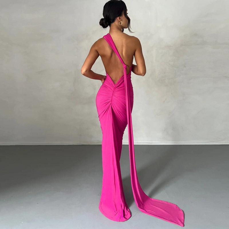 One Shoulder Back Tie Sleeveless Maxi Dresses