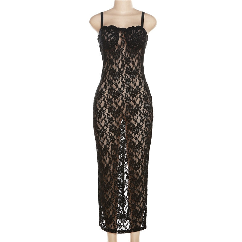 Black Lace Sheer Midi Bodycon Dress