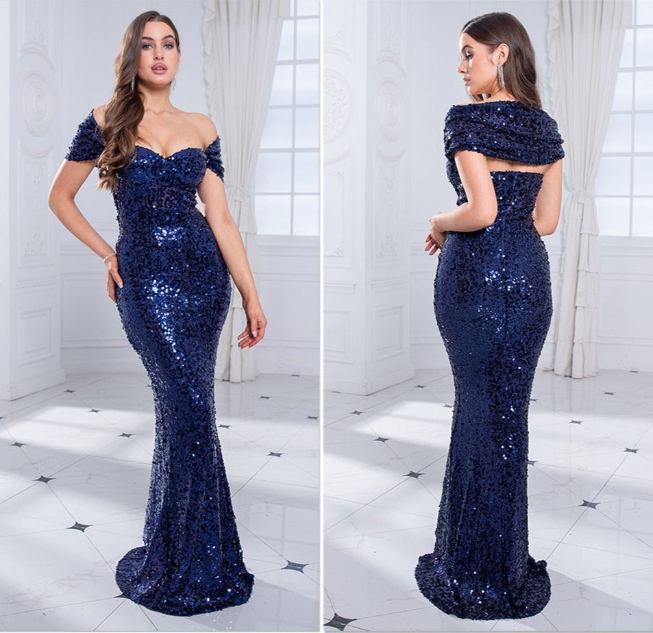 Sequin Off the Shoulder Backless Wrap Floor-Length Dresses