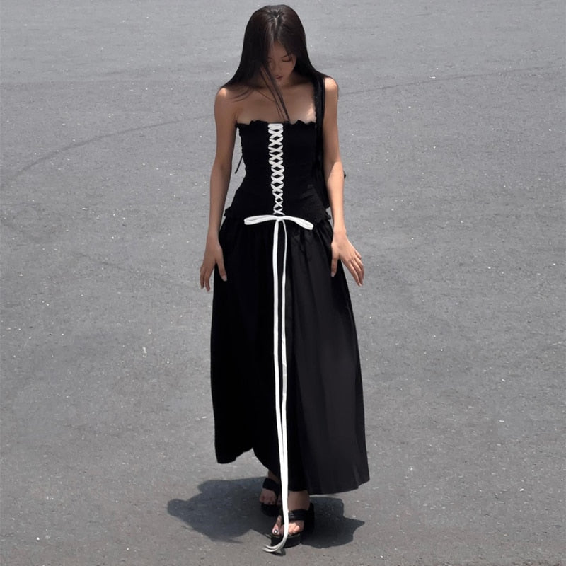 Black Tube Ruched Lace Up Maxi Dress