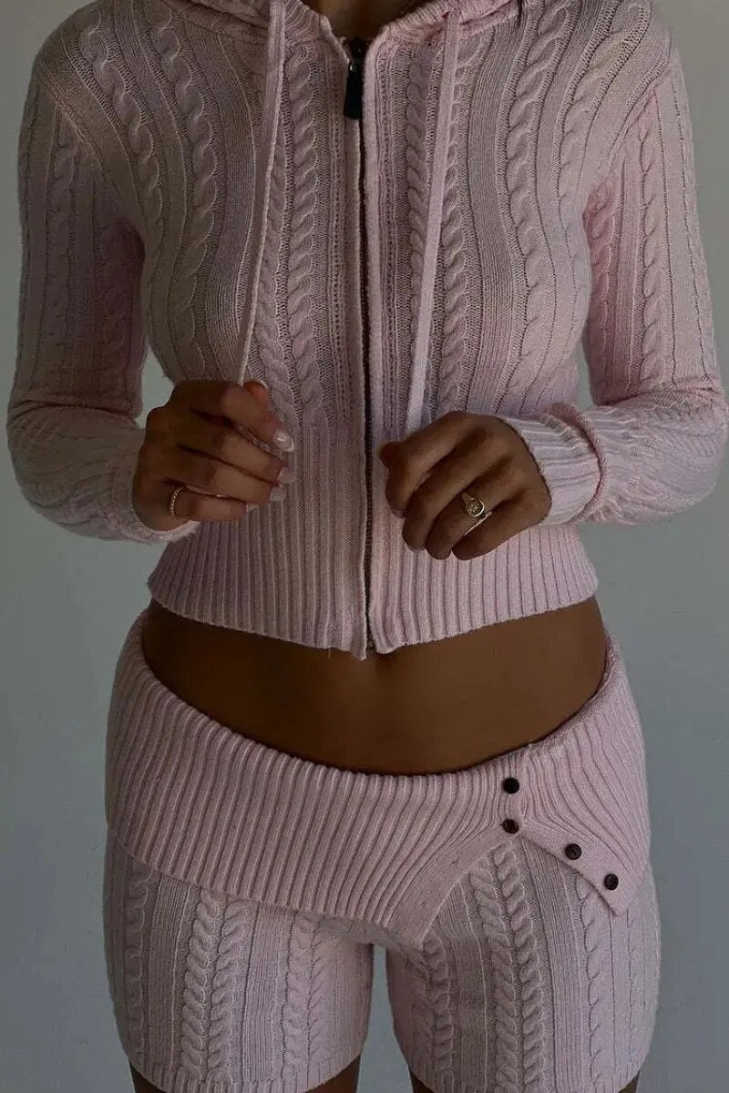 Knitted Zipper Hoddie Top And High Waist Short Set