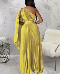 Satin Pleated Drape Sleeve Floor-Length Dresses