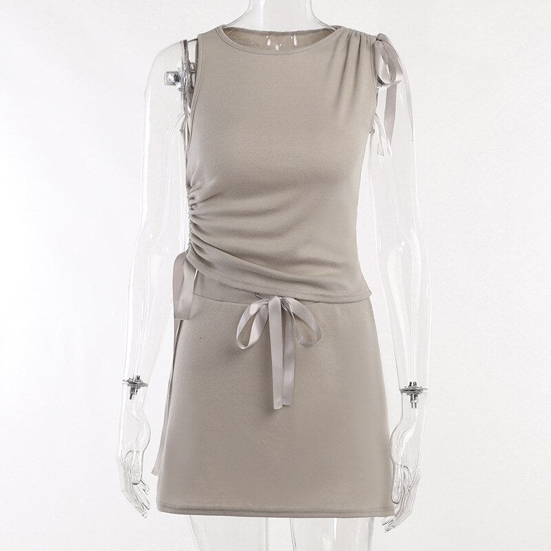 Beige Drawstring Ribbon Top And Mini Skirt Set