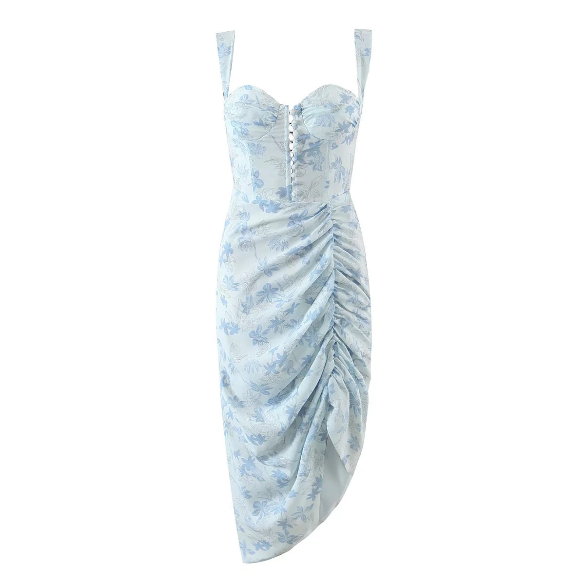 Blue Floral Mini Ruched Slit Bustier Dress