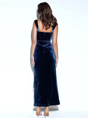 Blue Velvet Lace Trim Slit Midi Dress