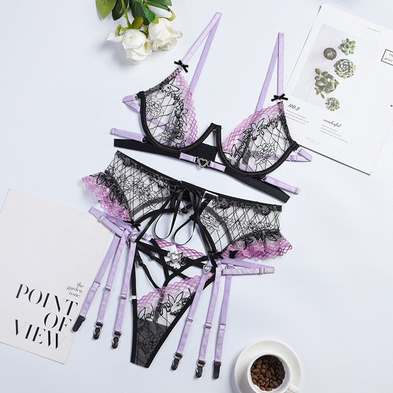 Purple Bunny Embroidery Lingerie Set