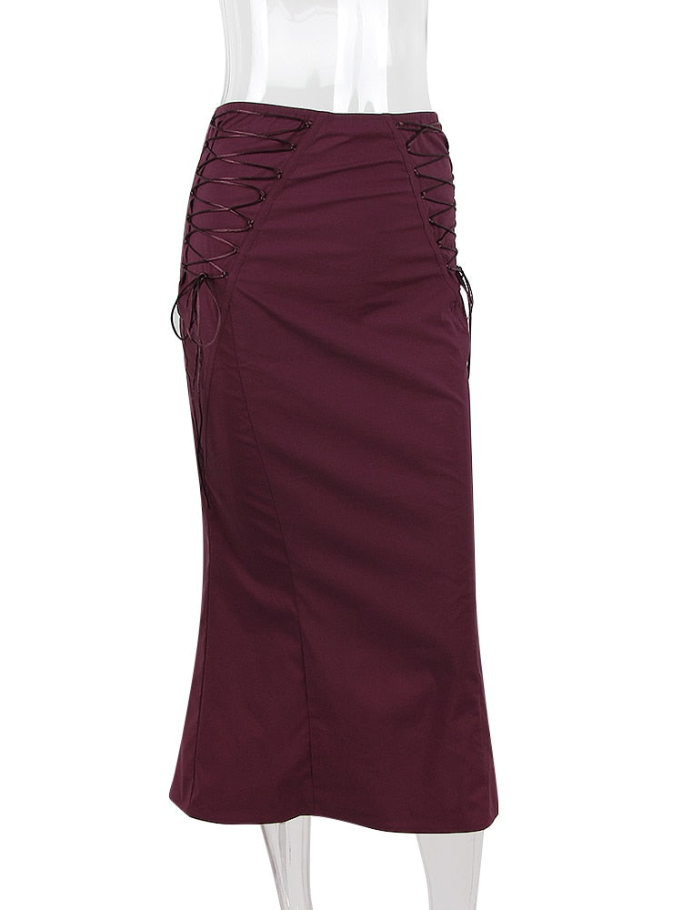 Burgundy Strap Corset Top And Lace Tie-Up Midi Skirt Set