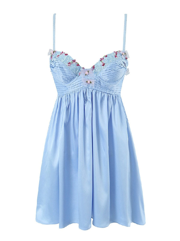 Flower Embroidered Lace Blue Slip Mini Dress