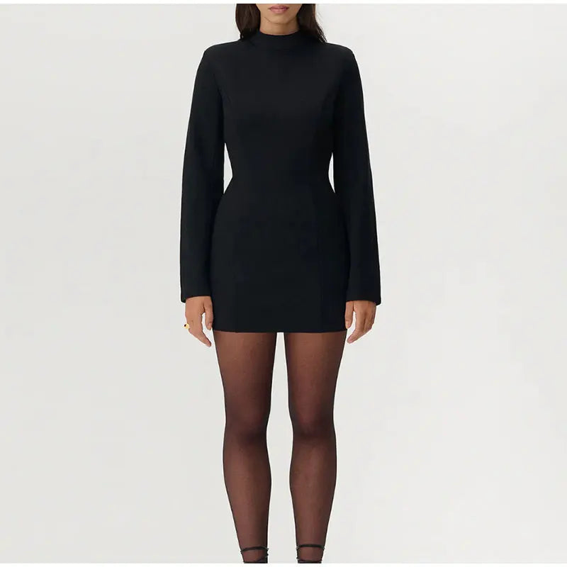 Black Long Sleeve Back Hollow Mini Dress