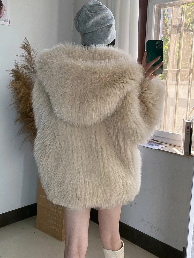 Luxury Knitted Hooded Bat Sleeved Real Fur Coats