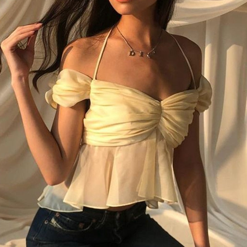 Mesh Ruched Off-shoulder Crop Top