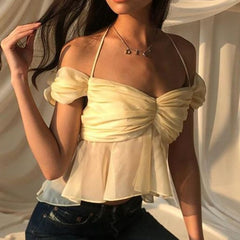 Mesh Ruched Off-shoulder Crop Top