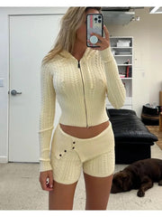 Knitted Zipper Hoddie Top And High Waist Short Set