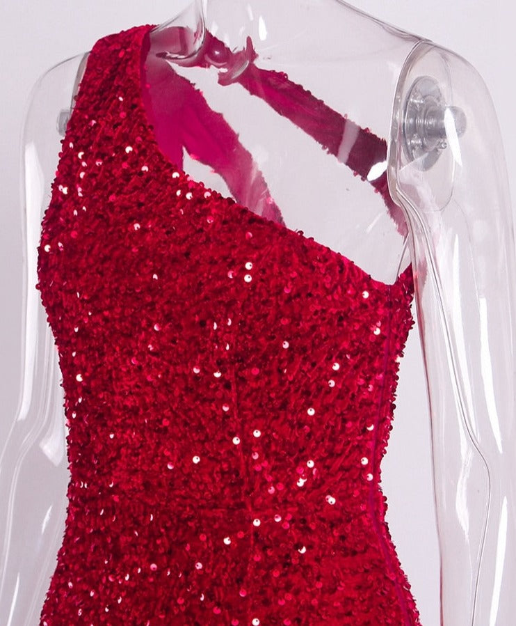 Red Sequin One Shoulder Sleeveless Maxi Dress