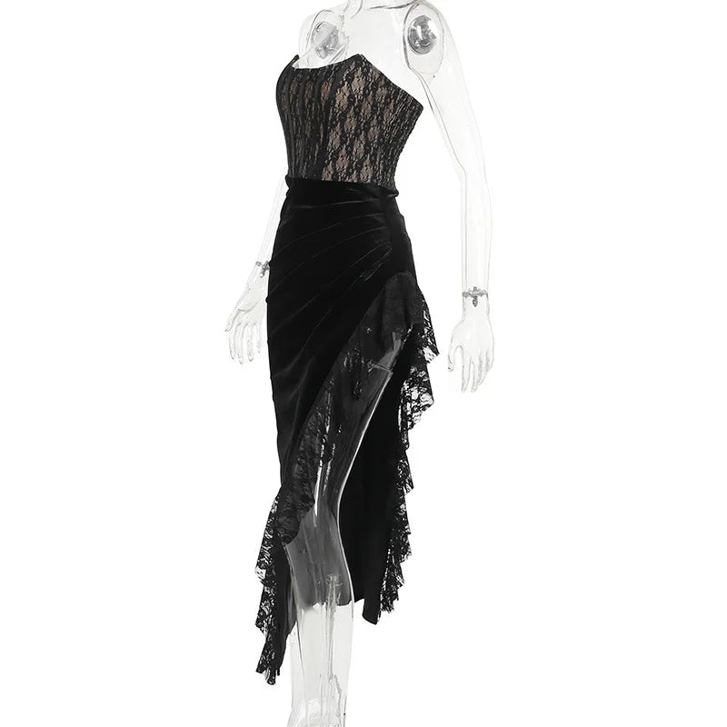 Black Lace Tube Frill Slit Maxi Dress