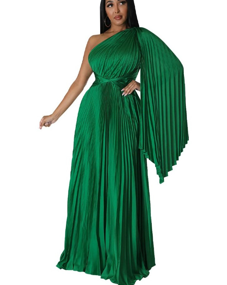 Satin Pleated Drape Sleeve Floor-Length Dresses