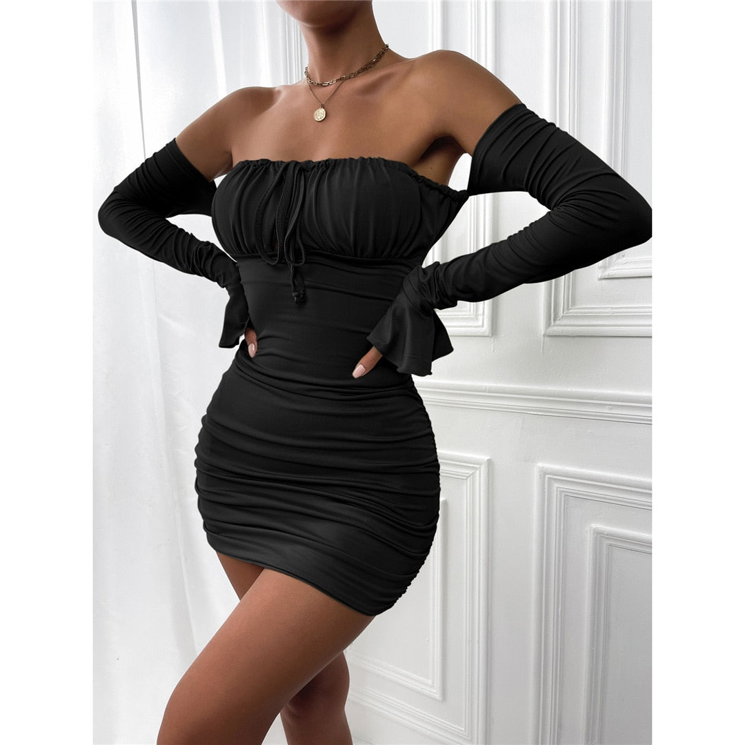 Off Shoulder Long Sleeve Hollow Chest Tie Dresses