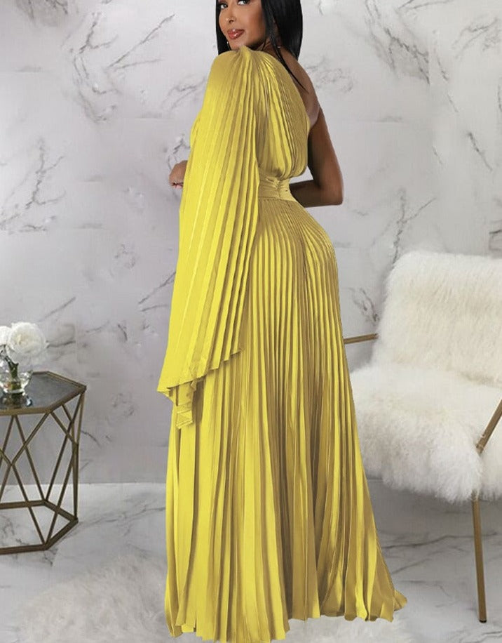 Satin Pleated Drape Sleeve Floor-Length Dresses