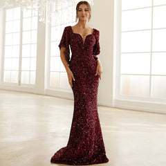 Sequin Short Sleeve Drape Floor Length Dresses