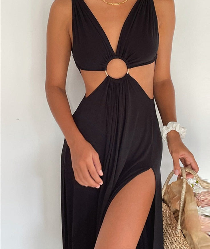 Deep V-Neck Hollow Out Midi Dress