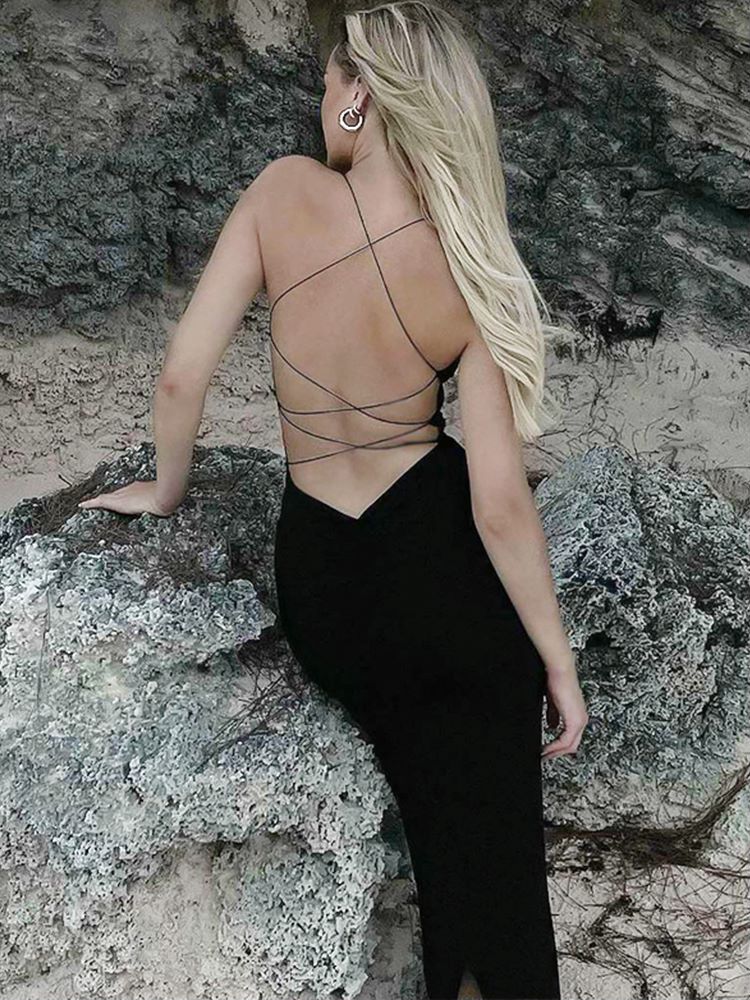 Black Bodycon Backless Thin Strap Maxi Dress