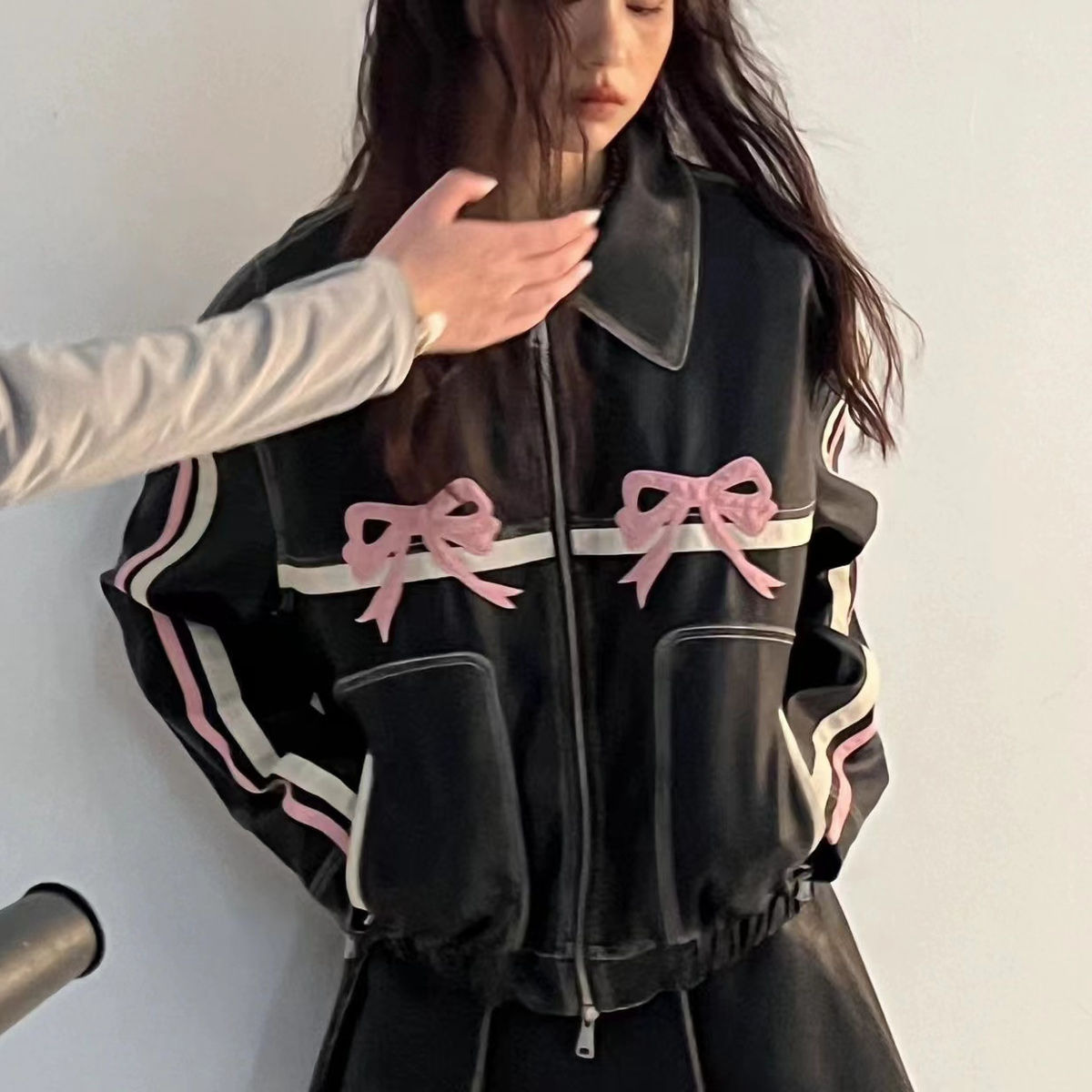 Faux Leather Stripe Bow Zipper Jacket